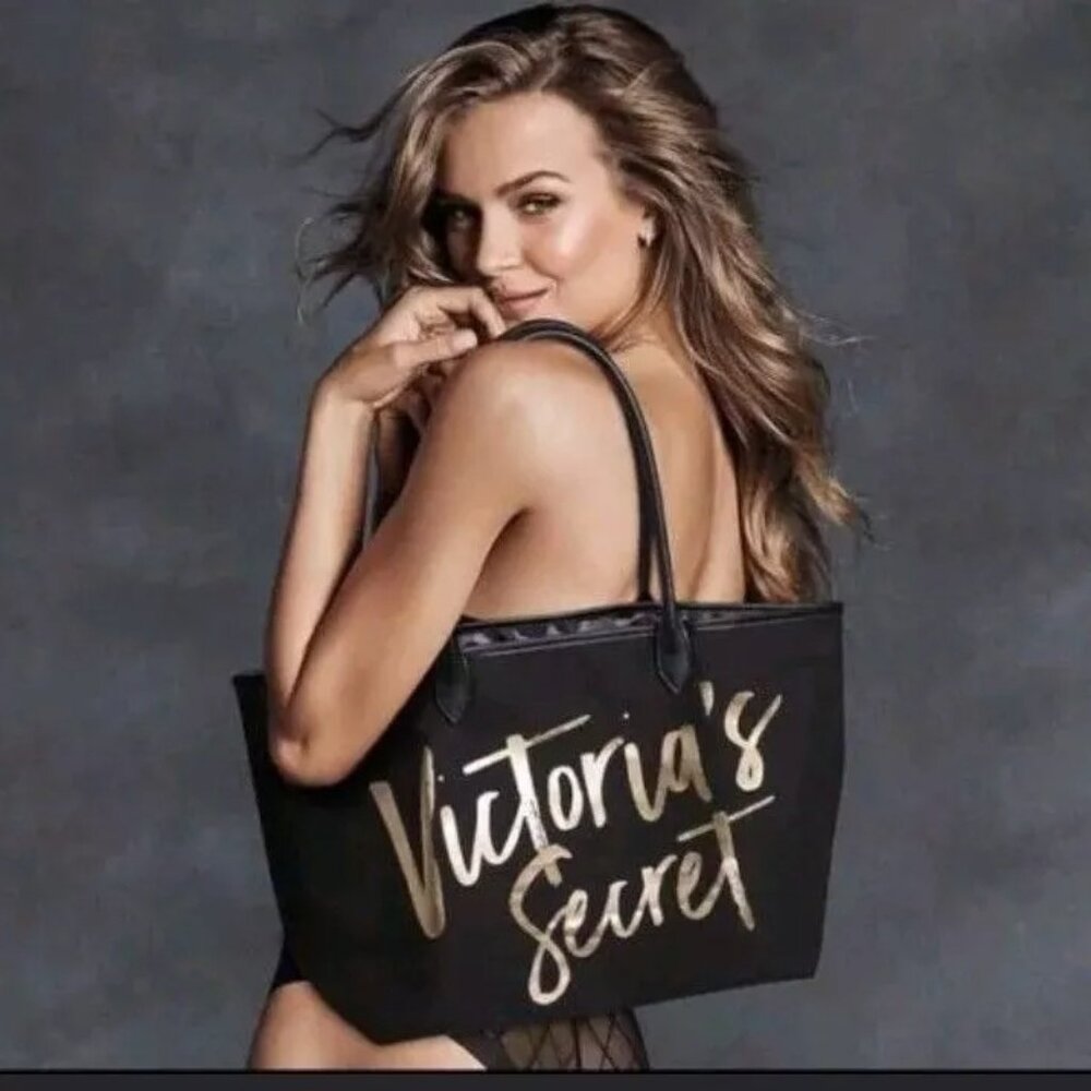 NWOT Victoria's Secret Large Black Canvas Tote Bag Gold & Animal Print Accents